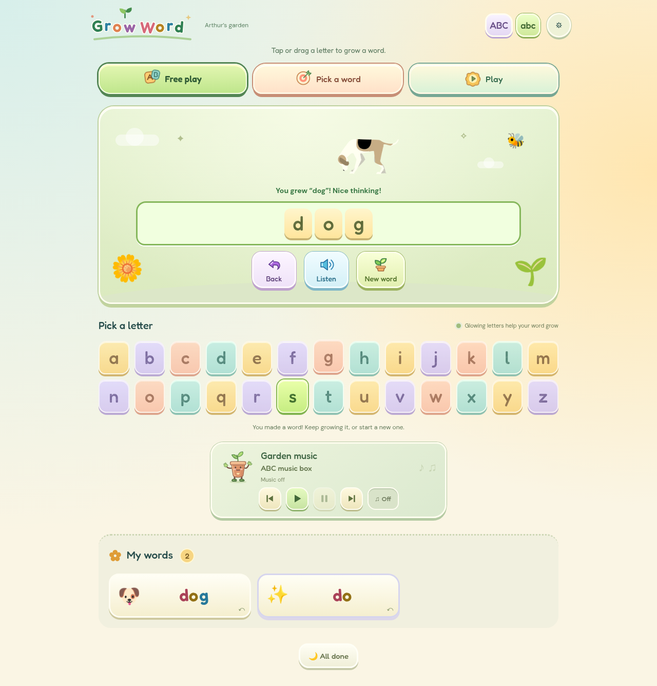 Grow Word with a completed word, a picture and its tappable alphabet