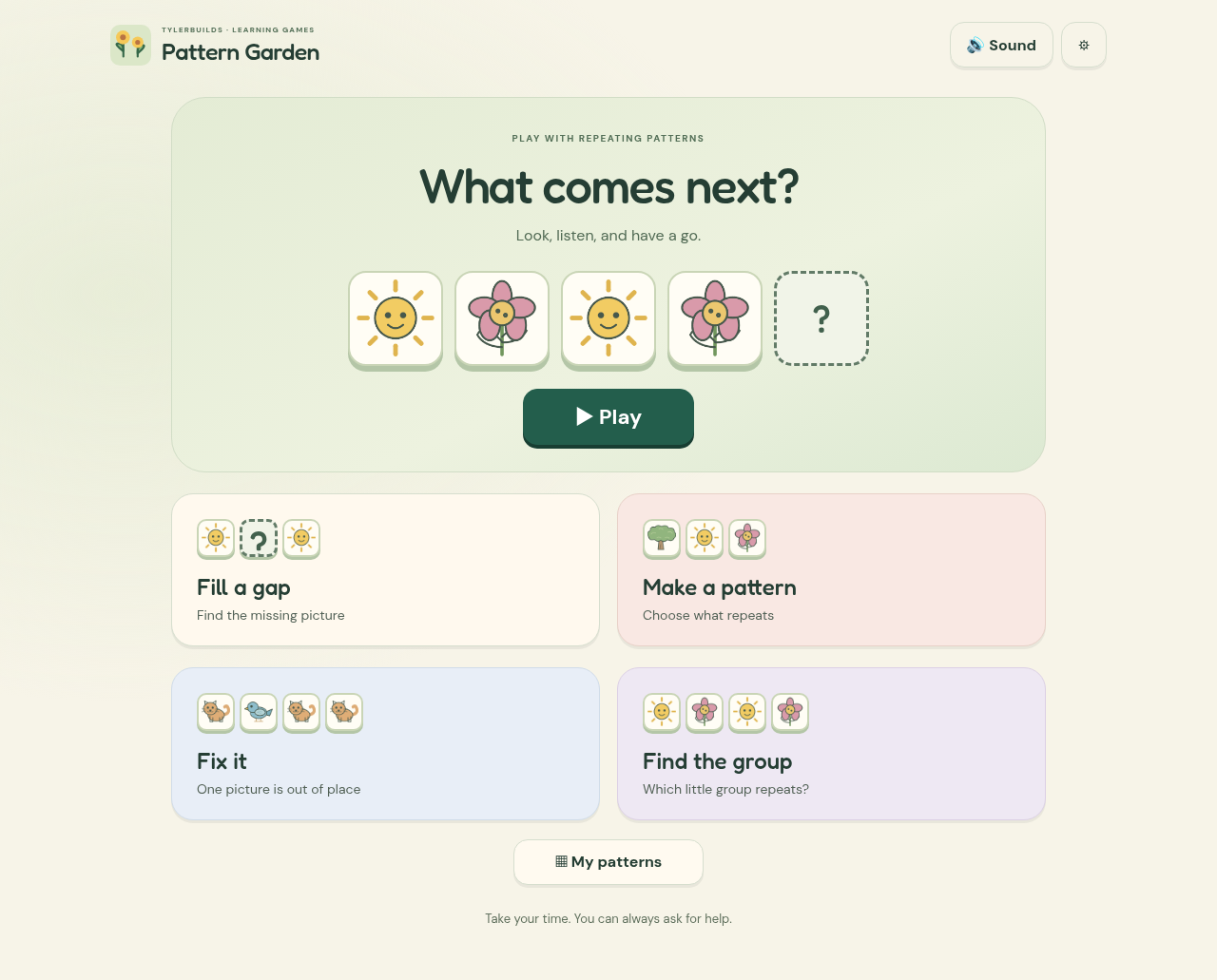 Pattern Garden with repeating pictures and clear play controls