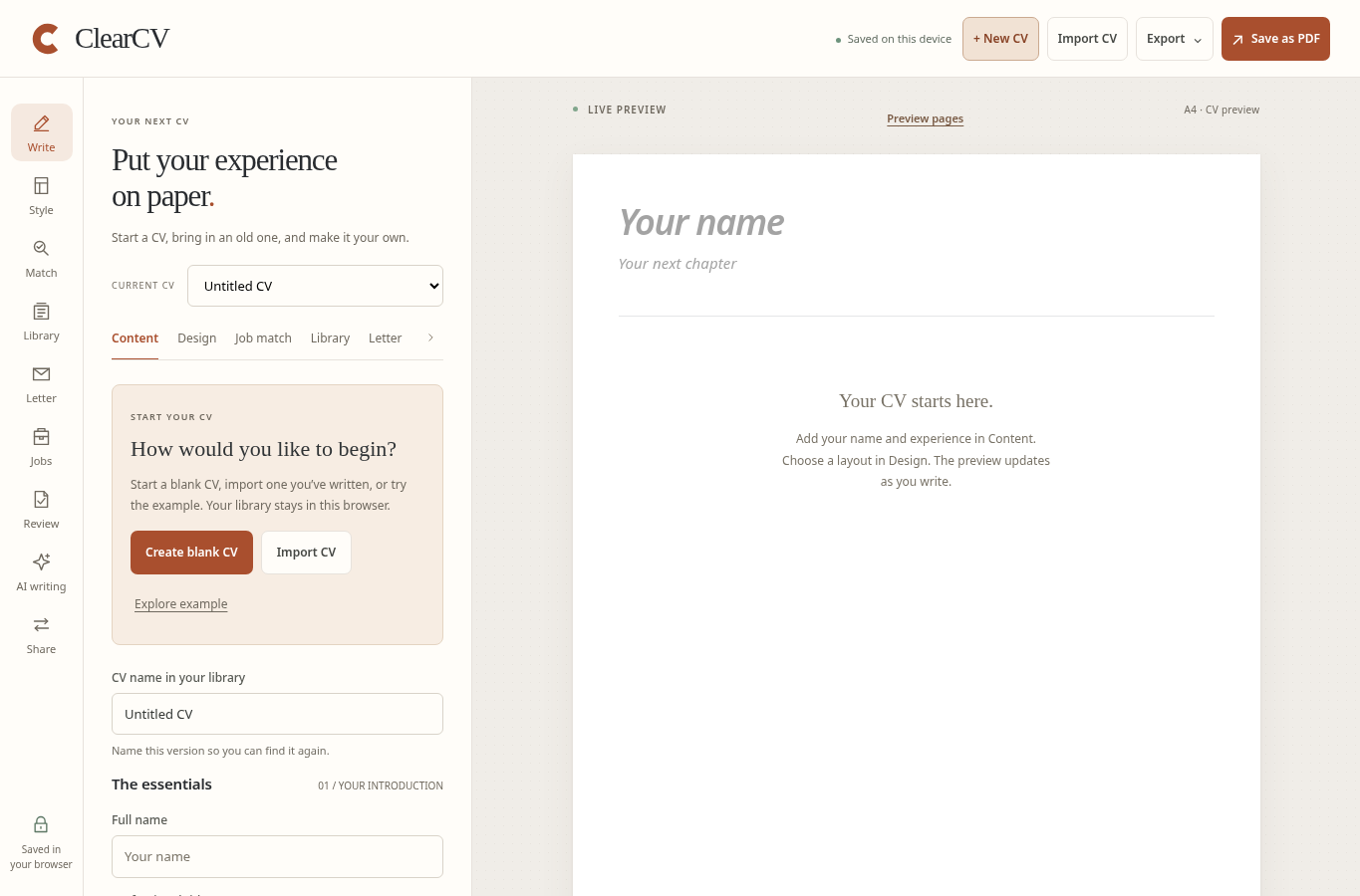 ClearCV's editing panel beside a live CV preview