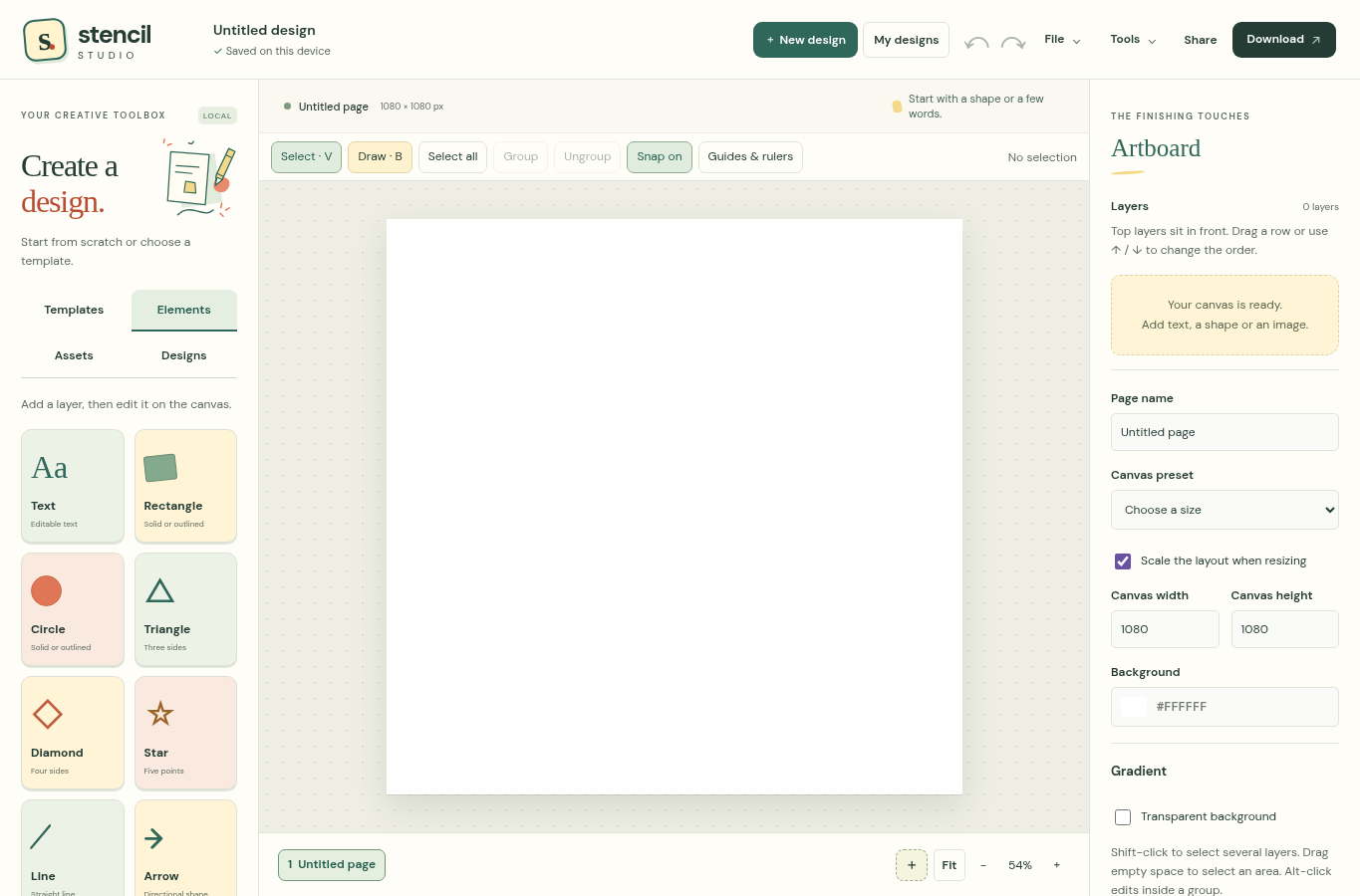 Stencil Studio's canvas with text, shape and artboard controls